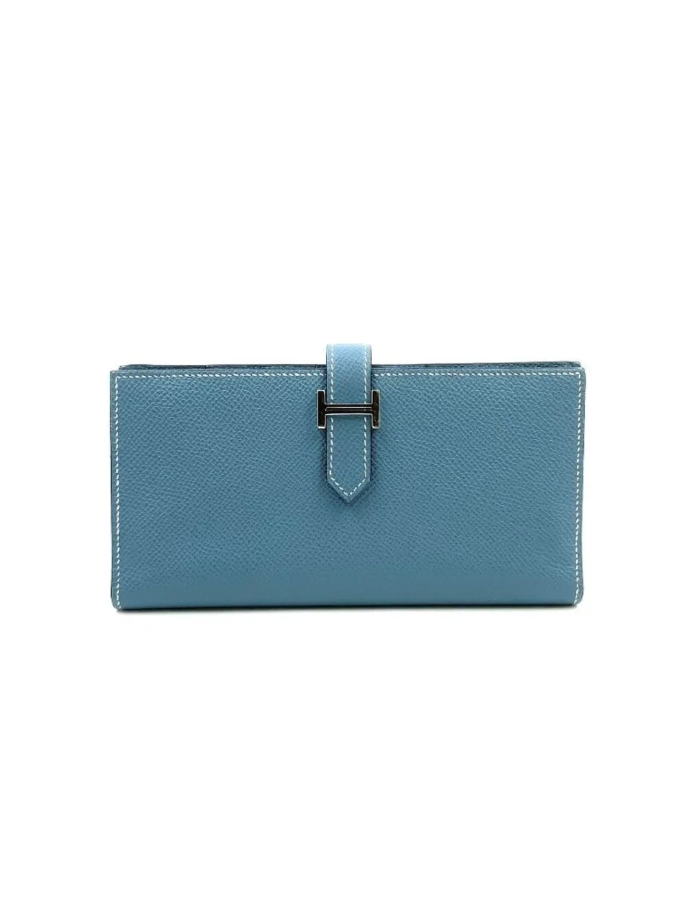 Hermes Bearn Souffle Leather Light Blue Wallet Silver